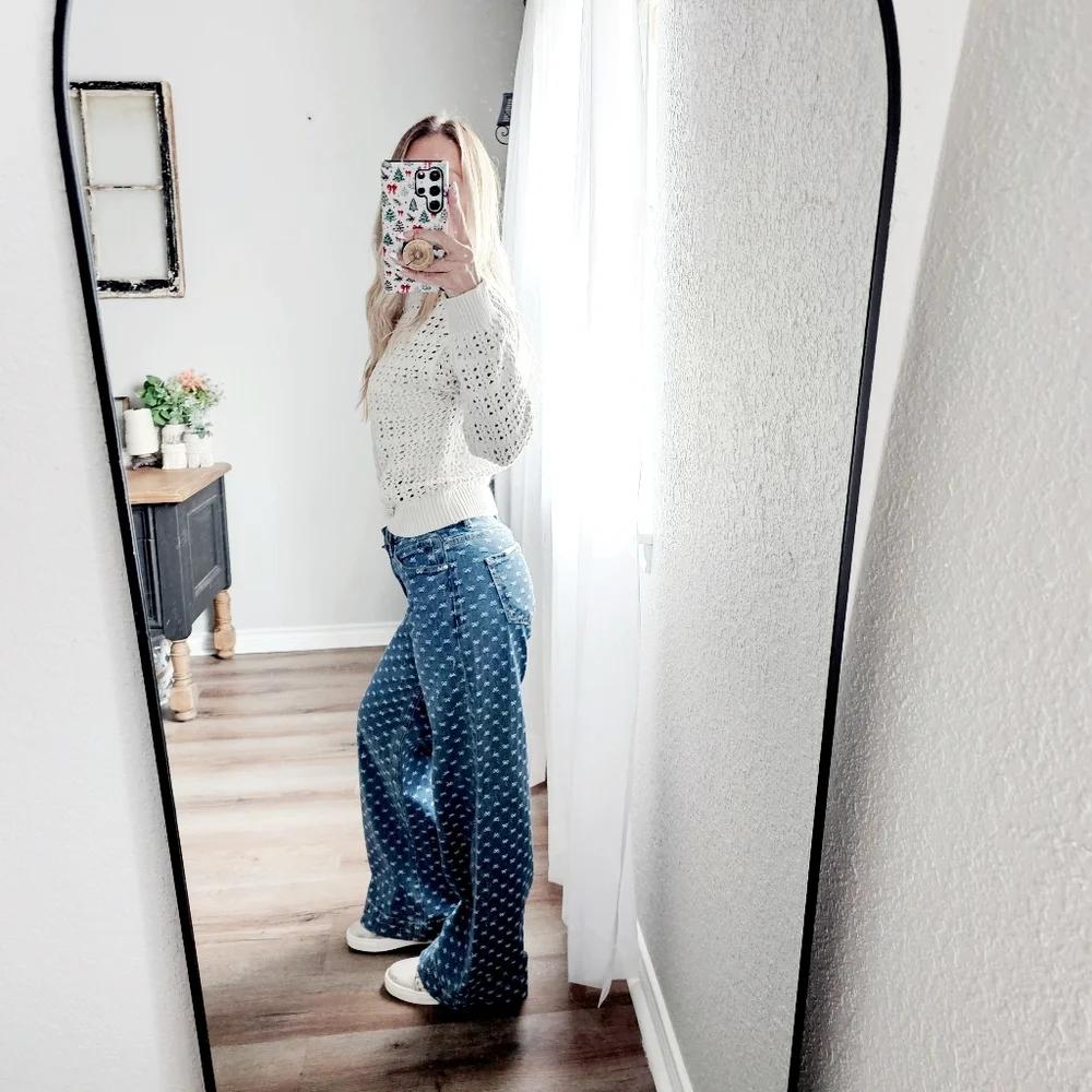 Risen High Rise Dark Wash Classic Wide Leg Jeans Bow Embroidered Various NEW - Picture 8 of 15